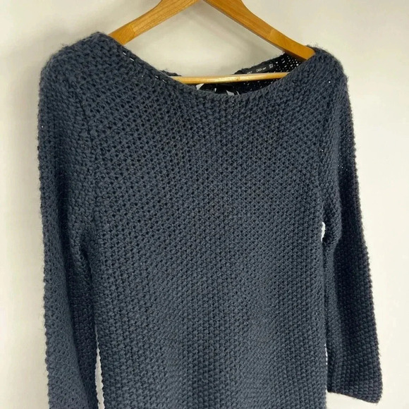 ZARA KNIT Bow Tie Back Chunky Sweater Size M Navy Keyhole Long Sleeve - Picture 10 of 13